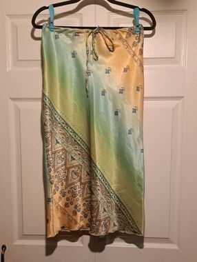 🕌Love Label-Satin Skirt in Light Green Golden bronze & Accents of blue